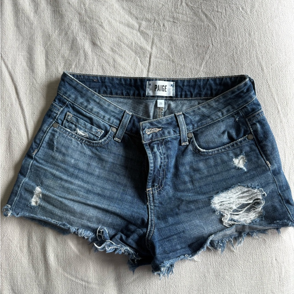 PAIGE Blue Jean Shorts Distressed Cut-Off Style